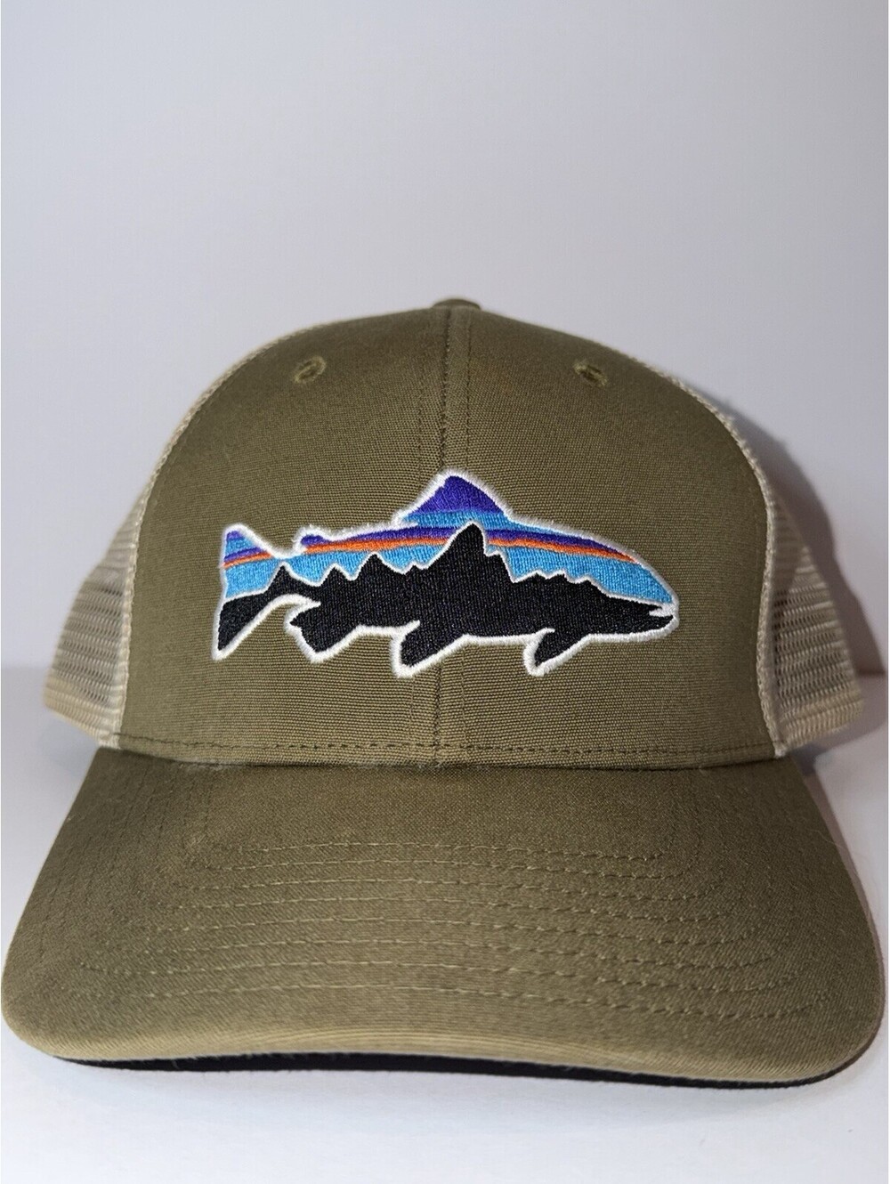 Patagonia Fitz Roy Trout Fish Trucker Hat Khaki Mesh Snapback Fishing Cap